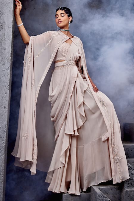 Miku Kumar Ivory Georgette, Net Embroidery, Tassels Cape And Pre-draped Ruffle Saree Set 