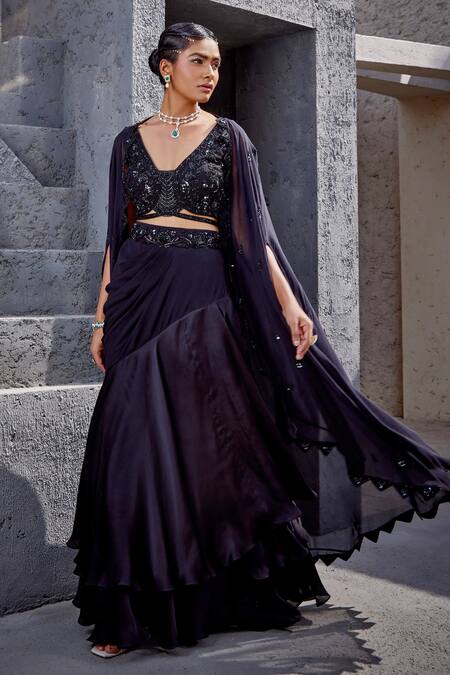 Black Velvet Blouse with High Low Skirt - Piyanshu Bajaj - East Boutique