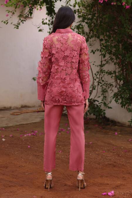 Shop Couché By Anandini Pink Cotton, Lycra, Tulle, Viscose Applique, Floral Overlay Shirt And Pant Set at Aza Fashions Shop_Couché By Anandini_Pink Cotton, Lycra, Tulle, Viscose Applique, Floral Overlay Shirt And Pant Set _at_Aza_Fashions