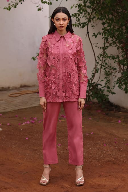 COUCHÉ BY ANANDINI Pink Cotton, Lycra, Tulle, Viscose Applique, Floral Overlay Shirt And Pant Set 