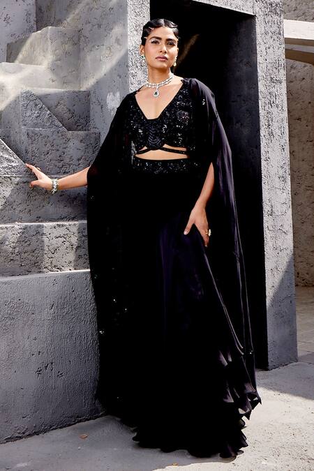 Buy Miku Kumar Black Georgette Cut Work, Sequins Tonal Cutdana Embellished Blouse Skirt Set Online at Aza Fashions Buy_Miku Kumar_Black Georgette Cut Work, Sequins Tonal Cutdana Embellished Blouse Skirt Set _Online_at_Aza_Fashions