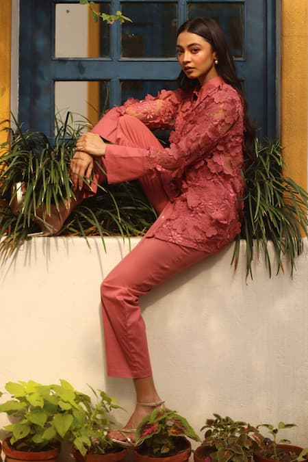 Buy Couché By Anandini Pink Cotton, Lycra, Tulle, Viscose Applique, Floral Overlay Shirt And Pant Set Online at Aza Fashions Buy_Couché By Anandini_Pink Cotton, Lycra, Tulle, Viscose Applique, Floral Overlay Shirt And Pant Set _Online_at_Aza_Fashions