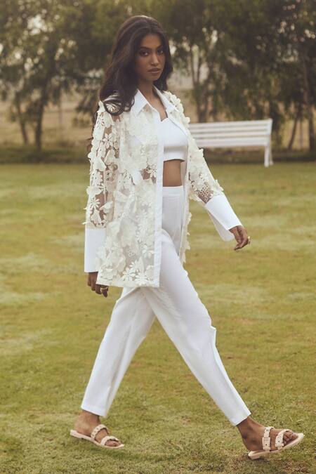 Buy_Couché By Anandini_Ivory Cotton, Lycra, Tulle, Viscose, Organza Embroidery Floral Shirt And Pant Set _Online_at_Aza_Fashions
