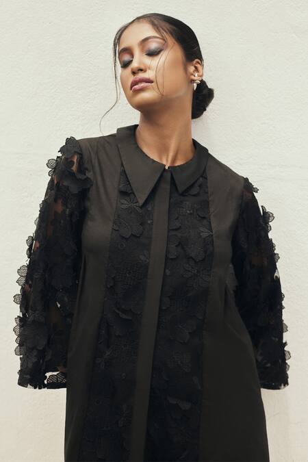 Buy_Couché By Anandini_Black Cotton, Lycra, Tulle, Viscose, Organza Embroidery Button Down Shirt Dress _Online_at_Aza_Fashions