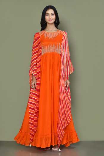 Khwaab By Sanjana Lakhani_Orange Chinnon Embroidered Gown With Asymmetric Sleeves_Online_at_Aza_Fashions
