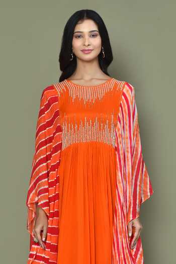 Buy_Khwaab By Sanjana Lakhani_Orange Chinnon Embroidered Gown With Asymmetric Sleeves_Online_at_Aza_Fashions