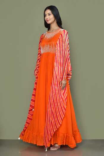 Shop_Khwaab By Sanjana Lakhani_Orange Chinnon Embroidered Gown With Asymmetric Sleeves_Online_at_Aza_Fashions