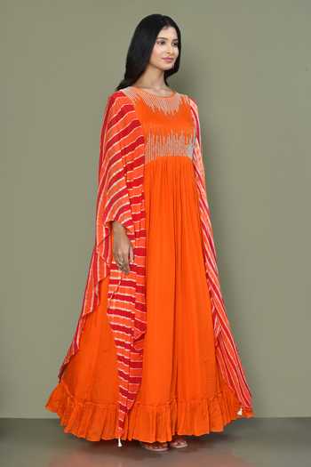 Khwaab By Sanjana Lakhani_Orange Chinnon Embroidered Gown With Asymmetric Sleeves_at_Aza_Fashions