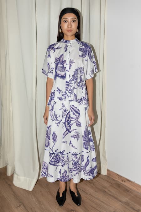 Leh Studios White Cotton Round Neck Blue And Bohemian Floral Print Top