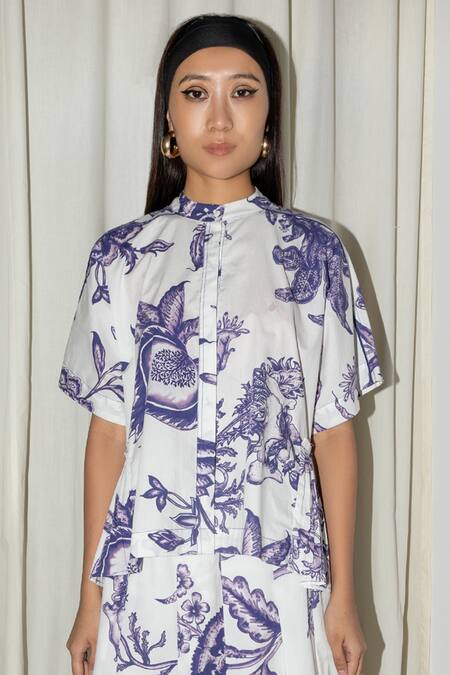 Leh Studios_White Cotton Round Neck Blue And Bohemian Floral Print Top _Online_at_Aza_Fashions