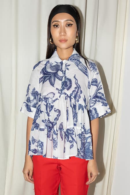 Leh Studios White Viscose, Cotton Embroidery Collared Bohemian Floral Print Top Online at Aza Fashions Leh Studios_White Viscose, Cotton Embroidery Collared Bohemian Floral Print Top _Online_at_Aza_Fashions