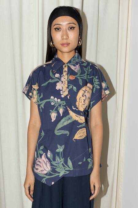 Leh Studios Multi Color Cotton Embroidery Collared Floral Print Top Online at Aza Fashions Leh Studios_Multi Color Cotton Embroidery Collared Floral Print Top _Online_at_Aza_Fashions