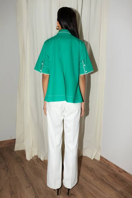 Shop Leh Studios Green Cotton Collared Kite Asymmetrical Silhouette Top at Aza Fashions Shop_Leh Studios_Green Cotton Collared Kite Asymmetrical Silhouette Top_at_Aza_Fashions