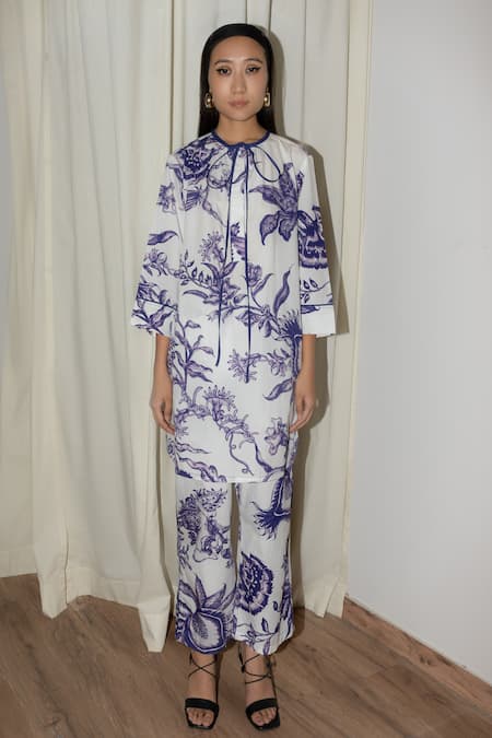 Leh Studios Blue Cotton Round Neck Chinoserie Print Tunic 