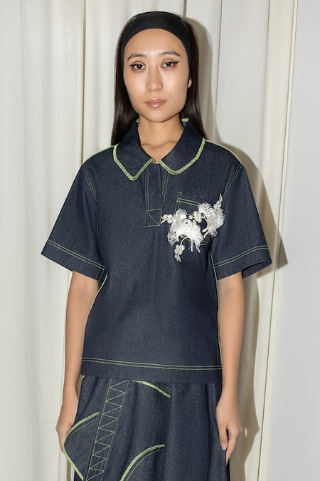 Leh Studios Blue Cotton Embroidery Shawl Neck Denim Polo T-shirt 