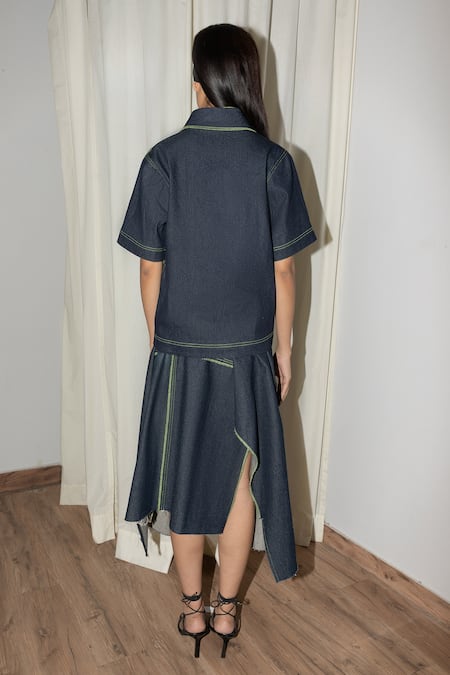 Shop Leh Studios Blue Cotton Embroidery Shawl Neck Denim Polo T-shirt at Aza Fashions Shop_Leh Studios_Blue Cotton Embroidery Shawl Neck Denim Polo T-shirt _at_Aza_Fashions