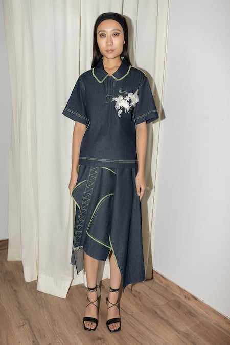 Leh Studios Blue Cotton Embroidery Shawl Neck Denim Polo T-shirt Online at Aza Fashions Leh Studios_Blue Cotton Embroidery Shawl Neck Denim Polo T-shirt _Online_at_Aza_Fashions