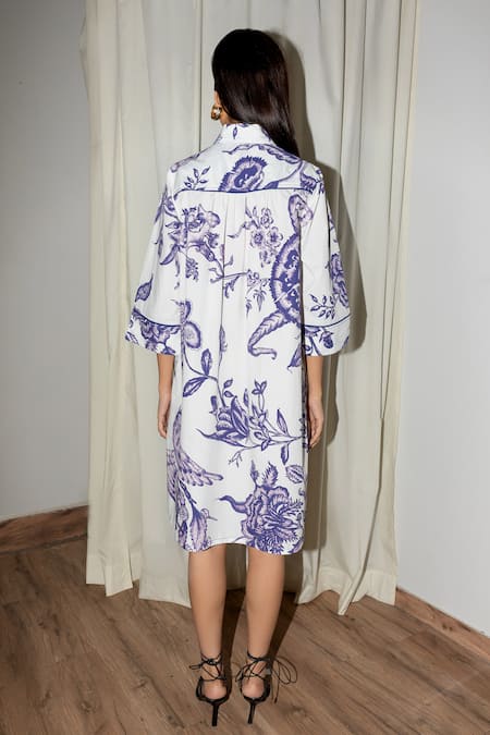 Shop Leh Studios Blue Cotton Shawl Neck Tulip Shirt Dress at Aza Fashions Shop_Leh Studios_Blue Cotton Shawl Neck Tulip Shirt Dress _at_Aza_Fashions