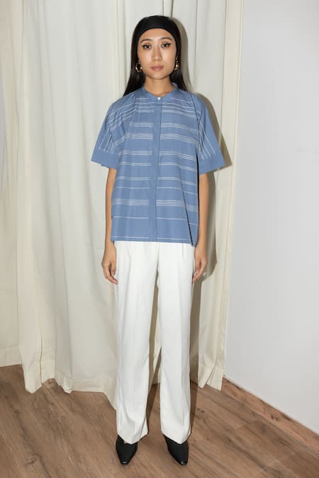 Leh Studios Blue Cotton Bandeau Neck Block Shirt 
