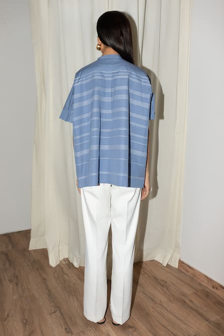 Shop Leh Studios Blue Cotton Bandeau Neck Block Shirt at Aza Fashions Shop_Leh Studios_Blue Cotton Bandeau Neck Block Shirt _at_Aza_Fashions