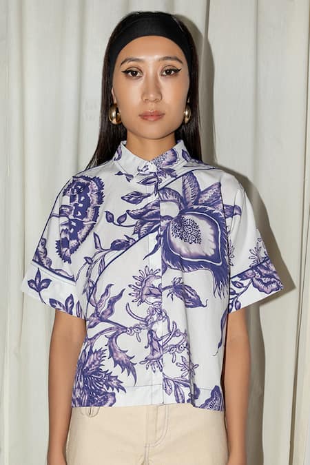 Leh Studios Blue Cotton Chinoserie Daylight Shirt Online at Aza Fashions Leh Studios_Blue Cotton Chinoserie Daylight Shirt _Online_at_Aza_Fashions
