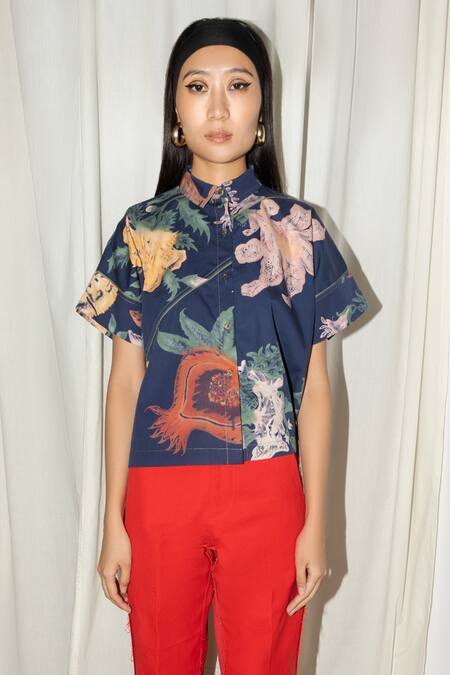 Leh Studios Blue Cotton Shawl Neck Evening Bloom Shirt Online at Aza Fashions Leh Studios_Blue Cotton Shawl Neck Evening Bloom Shirt _Online_at_Aza_Fashions