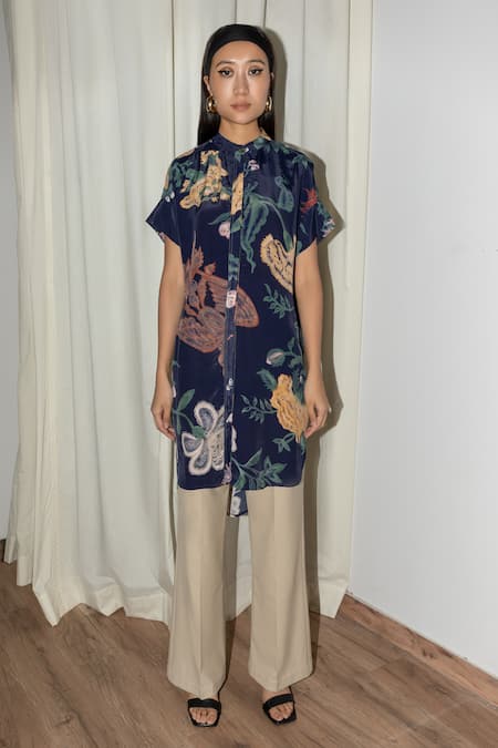 Leh Studios Blue Viscose, Crepe Evening Bloom High Low Shirt Dress 