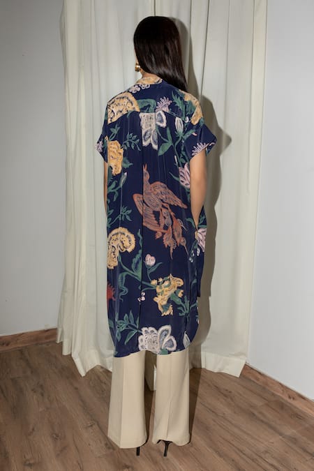 Shop_Leh Studios_Blue Viscose, Crepe Evening Bloom High Low Shirt Dress _at_Aza_Fashions
