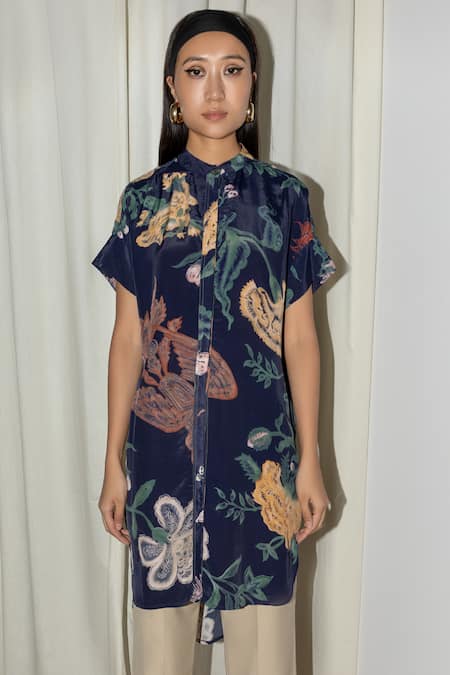 Leh Studios_Blue Viscose, Crepe Evening Bloom High Low Shirt Dress _Online_at_Aza_Fashions