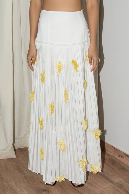 Leh Studios_White Rayon, Cotton Embroidery Micro Pleated Fan Skirt _Online_at_Aza_Fashions