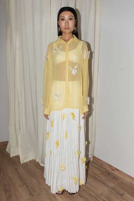 Buy_Leh Studios_White Rayon, Cotton Embroidery Micro Pleated Fan Skirt _Online_at_Aza_Fashions