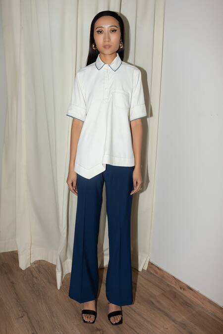 Leh Studios_White Rayon Embroidery Shawl Neck Kite Top _Online_at_Aza_Fashions