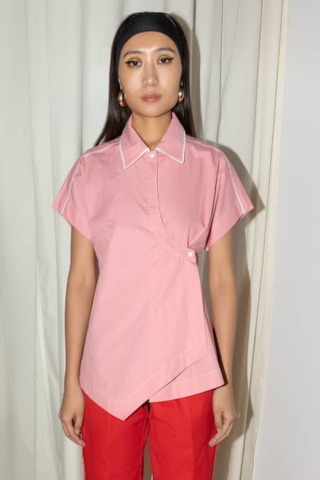 Leh Studios_Pink Cotton Collared Asymmetrical Cinched Top _Online_at_Aza_Fashions