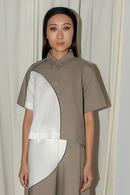 Leh Studios_Brown Cotton Shawl Neck Ellipse Top _Online_at_Aza_Fashions