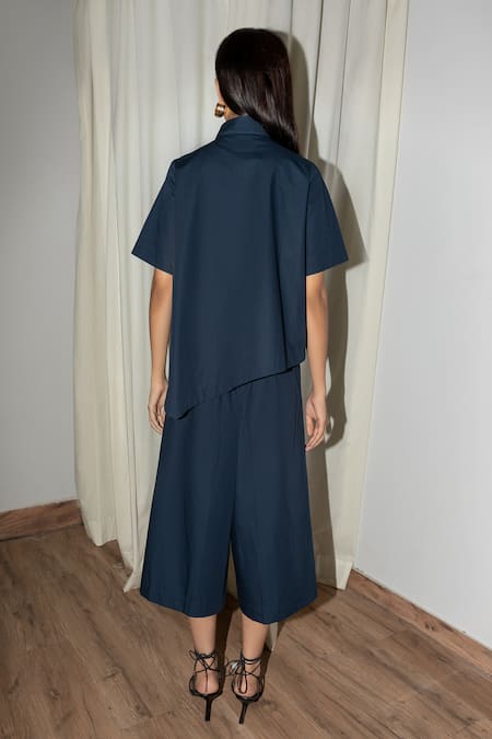 Shop Leh Studios Blue Cotton, Silk Shawl Neck Ellipse Quarter Circle Top at Aza Fashions Shop_Leh Studios_Blue Cotton, Silk Shawl Neck Ellipse Quarter Circle Top _at_Aza_Fashions