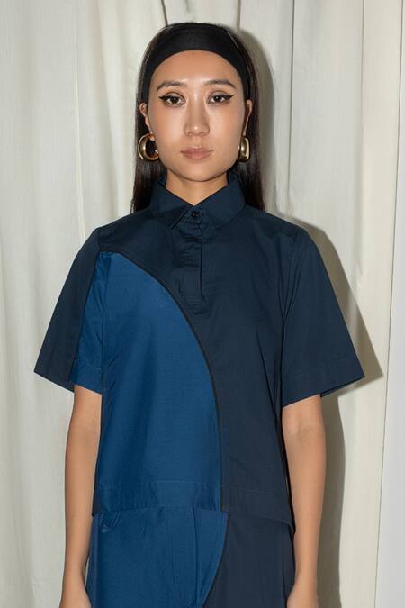 Leh Studios Blue Cotton, Silk Shawl Neck Ellipse Quarter Circle Top Online at Aza Fashions Leh Studios_Blue Cotton, Silk Shawl Neck Ellipse Quarter Circle Top _Online_at_Aza_Fashions