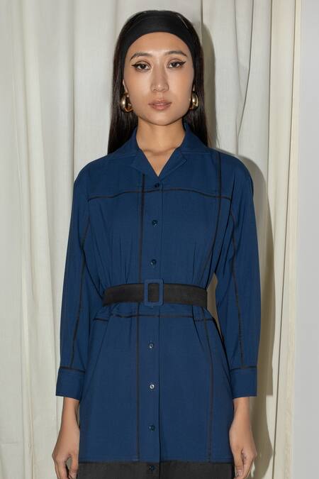 Leh Studios_Blue Rayon Buckles Collared Broken Fence Color Block Shirt Dress _Online_at_Aza_Fashions