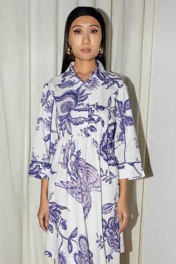 LEH STUDIOS_Blue Cotton, Poplin Piping Collared Chinoiserie Ink Print Handkerchief Dress_Online_at_Aza_Fashions
