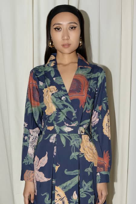 Leh Studios_Multi Color Cotton, Poplin Embroidery Collared Evening Bloom Print Wrap Dress _Online_at_Aza_Fashions