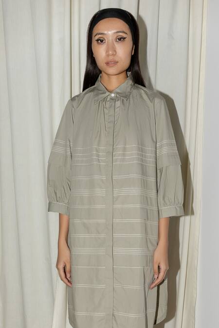 Leh Studios_Grey Cotton, Poplin Embroidery Bandeau Pleated Tulip Thread Work Shirt Dress _Online_at_Aza_Fashions