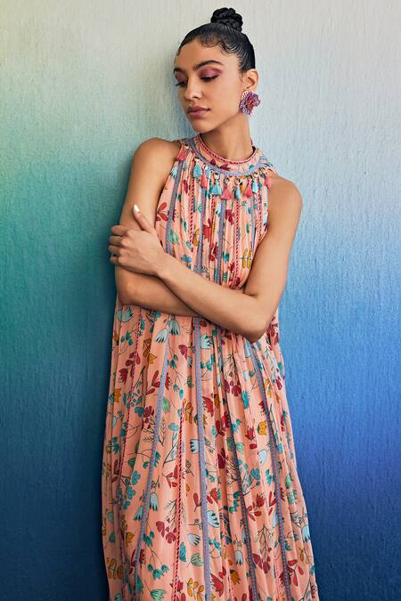 Diyarajvvir Pink Georgette Tassels, Embroidery High Neck Floral Butta Print Maxi Dress Online at Aza Fashions Diyarajvvir_Pink Georgette Tassels, Embroidery High Neck Floral Butta Print Maxi Dress _Online_at_Aza_Fashions