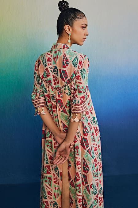 Shop Diyarajvvir Pink Modal Tassels, Embroidery Collared Broken Floral Print Tunic With Pant at Aza Fashions Shop_Diyarajvvir_Pink Modal Tassels, Embroidery Collared Broken Floral Print Tunic With Pant _at_Aza_Fashions