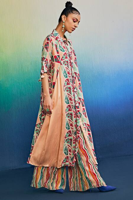 Diyarajvvir Pink Modal Tassels, Embroidery Collared Broken Floral Print Tunic With Pant Online at Aza Fashions Diyarajvvir_Pink Modal Tassels, Embroidery Collared Broken Floral Print Tunic With Pant _Online_at_Aza_Fashions