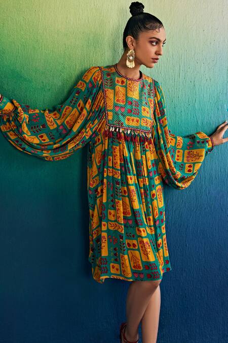 Diyarajvvir_Blue Crepe Tassels Round Neck Floral Box Print Dress _Online_at_Aza_Fashions