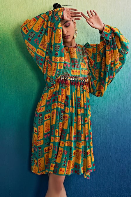 Buy_Diyarajvvir_Blue Crepe Tassels Round Neck Floral Box Print Dress _Online_at_Aza_Fashions