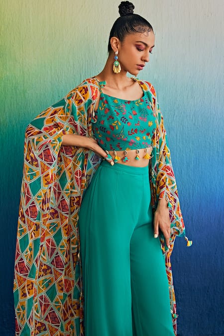 Buy_Diyarajvvir_Blue Georgette, Crepe Embroidery, Tassels Broken Floral Print Cape Pant Set _Online_at_Aza_Fashions