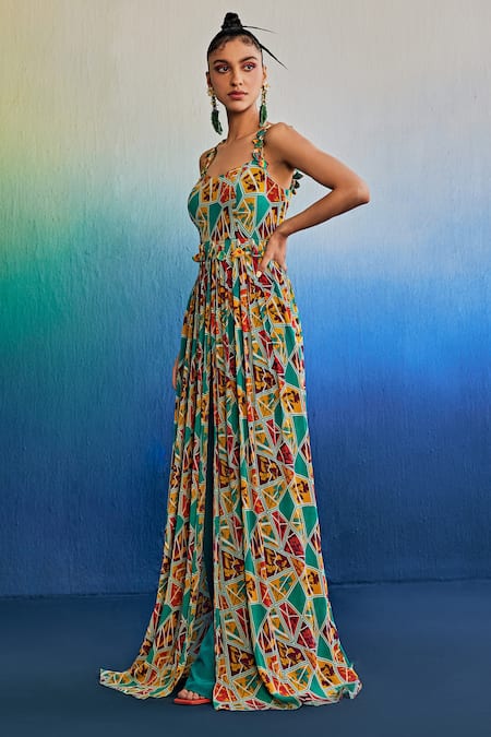 Diyarajvvir_Green Georgette, Crepe Tassels Square Neck Floral Print Anarkali Tunic With Pant _Online_at_Aza_Fashions