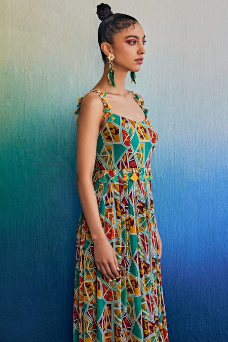 Buy_Diyarajvvir_Green Georgette, Crepe Tassels Square Neck Floral Print Anarkali Tunic With Pant _Online_at_Aza_Fashions