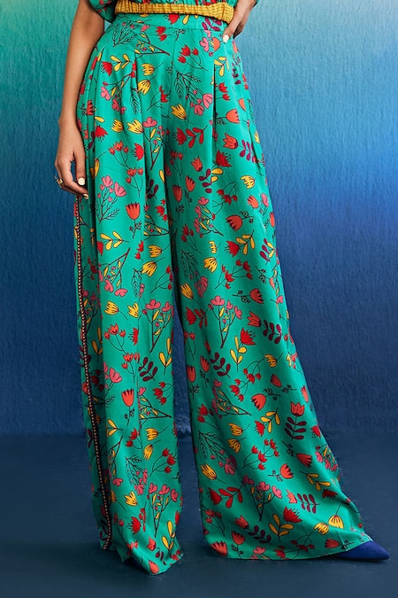 Diyarajvvir_Green Muslin Tassels Boat Neck Floral Print Balloon Top With Pant _Online_at_Aza_Fashions