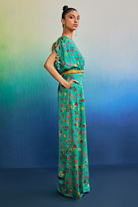 Buy_Diyarajvvir_Green Muslin Tassels Boat Neck Floral Print Balloon Top With Pant _Online_at_Aza_Fashions